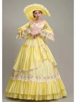 Spring Lively Girlish Feel Bright Yellow Pink Petal Lace Long Sleeve Outing Picnic Court Style Lolita Prom Dress