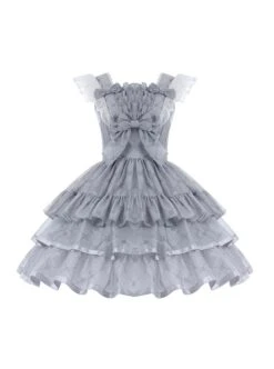 Sleepless Dream Series Ballet Style Diamond-Checked Print Layers Yarn Ruffle Hem Classic Lolita Lace Grey Strap Dress -NAUS Lolita Shop 2 500x672 32