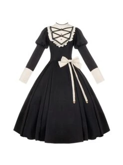 Twilight Mail Series White Ruffled Edge Splicing Black Big Hem Bowknot Classic Lolita Juliet Sleeves Dress -NAUS Lolita Shop 2 500x672 325