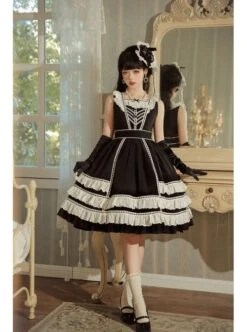 Heartbeat Direction Series JSK Summer Black A-shape Mid-length High Waist Style Flying Sleeves Lace Bow Classic Lolita Sling Dress -NAUS Lolita Shop 2 500x672 327