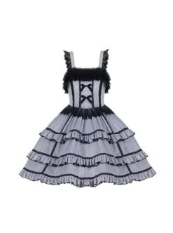 Foggy Moon Series Black Lace Decoration Gray Blue Three-Stage Ruffle Stitching Hem Classic Lolita Sleeveless Dress -NAUS Lolita Shop 2 500x672 335
