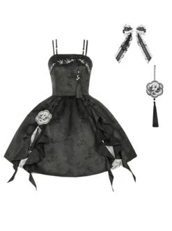 Bamboo Leaf Dark Pattern Jacquard New Chinese Style Elegant Bowknot Black Classic Lolita Sleeveless Suspender Dress -NAUS Lolita Shop 2 500x672 347