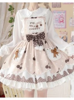 Cherry Milk Pie Series JSK Cute Polka Dot Pattern Brown Element Bow Tie Pleated Lace Classic Lolita Sling Dress -NAUS Lolita Shop 2 500x672 349