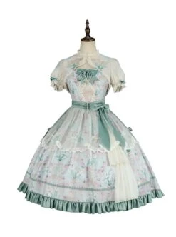 Spring Summer Elegant Lily Of The Valley Print Fresh Lace Bowknot Decoration Classic Lolita Sleeveless Dress Set -NAUS Lolita Shop 2 500x672 350