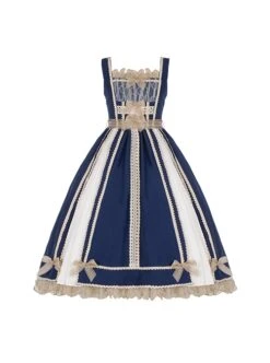 Navy Blue Lace Bow Elegant Color Contrast Vintage JSK Classic Lolita Sleeveless Dress Set -NAUS Lolita Shop 2 500x672 351