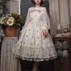 Elegant And Delicate Pink Floral Print Design Jacquard Lace Trim Bow Knot Tie Classic Lolita Slip Dress