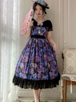 Elegant Floral Print Decoration Jacquard Lace Neckline Bow Pearl Classic Lolita Dress -NAUS Lolita Shop 2 500x672 360