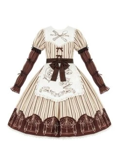 Mera Afternoon Tea Series Classic Exquisite Fork Spoon Embroidery Print Pattern Design Bowknot Decoration Classic Lolita Puff Sleeve Dress Set -NAUS Lolita Shop 2 500x672 373