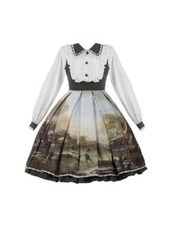 Glimmer Series French Beautiful Oil Painting Pattern Pastoral Style Retro Classic Lolita Long Sleeves Dress -NAUS Lolita Shop 2 500x672 392
