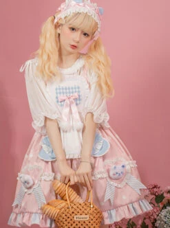 Jennie Bear Diary Series Cute Sweet Pink Ruched Lace Bow Trim White Polka Dots Bear Doll Shape Apron Classic Lolita Short Sleeve Dress -NAUS Lolita Shop 2 500x672 399