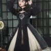 Black Chinoiserie Stand Collar Metal Chain Epaulets Embroidery Long Tassel Accessories Classic Lolita Long Sleeve Dress