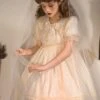 Solid Color Retro Doll Collar Summer Bow Puff Sleeve Lace Hem Classic Lolita Short Sleeve Dress