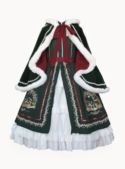 Stand Collar False Two Piece Design Lantern Sleeve Embroidered Lace Hem Dress Plush Hooded Cloak Christmas Classic Lolita Long Sleeve Dress Set -NAUS Lolita Shop 2 500x672 427