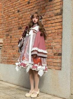 Chinese Style Chiffon Ruffled Pleats Sweet High Waist Tie RopePuppy Print Bow Knot Decoration Classic Lolita OP Dress Set -NAUS Lolita Shop 2 500x672 429
