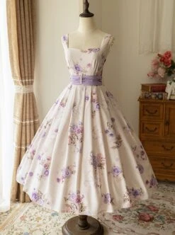 Simple White Floral Pattern Pearl Belt Open Back Large Bow Sleeveless Sling Classic Lolita Dress -NAUS Lolita Shop 2 500x672 430