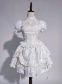 Butterfly Bone Series Pure White Dark Pattern Jacquard Texture Ruffles Embroidered Butterfly Lace Classic Lolita Puff Sleeves Dress OP -NAUS Lolita Shop 2 500x672 431