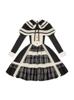 White Night Notes Series French Romance Retro Black Hollow Plaid Pattern Classic Lolita Puff Sleeves Dress Knitted Cape Set -NAUS Lolita Shop 2 500x672 443