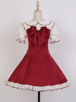 Doll Collar Chest Red Big Bow Puff Sleeves Ruffled Hem Design Classic Lolita Short Sleeve Dress -NAUS Lolita Shop 2 500x672 448
