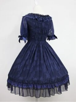 Dark Blue Short Sleeves With Flounce Hemline Lace Dress -NAUS Lolita Shop 2 500x672 460