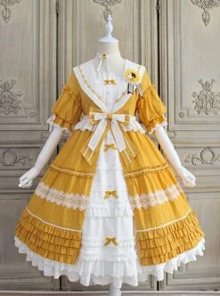Sunflower Lapel Youthful Sunny Pastoral Style Fresh Cute Bowknot Lace Ruffles Classic Lolita Short Sleeves Dress -NAUS Lolita Shop 2 500x672 462