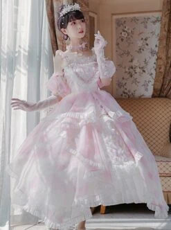 Gorgeous Retro Tea Party Simulation Flower Suspenders Pink Irregular Printing Irregular Hem Design Classic Lolita Sleeveless Dress -NAUS Lolita Shop 2 500x672 464