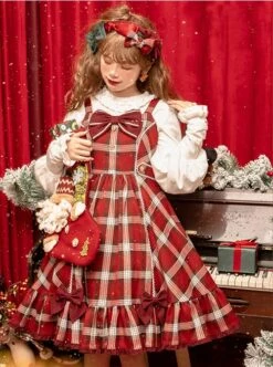 Christmas Eve's Carol Series Red Plaid Sweet Red Bow Simple A-Line Skirt Christmas Classic Lolita Sleeveless Dress -NAUS Lolita Shop 2 500x672 47