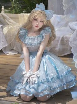 Daughter Of The Sea Series Light Blue Sling One-Shoulder Dreamy Fine Glitter Butterfly Embroidery Classic Lolita Sleeveless Dress