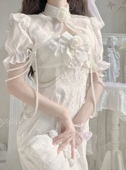 Camellia Series JSK Chinese Style White Exquisite Jacquard Embroidered Cheongsam Beaded Decoration Classic Lolita Sleeveless Dress Set -NAUS Lolita Shop 2 500x672 483