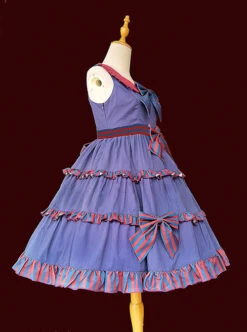 Britney Series Red And Blue Striped Pleated Lace Trim Square Neckline Design Polka Dot Bow Knots Classic Lolita Sleeveless Dress -NAUS Lolita Shop 2 500x672 501