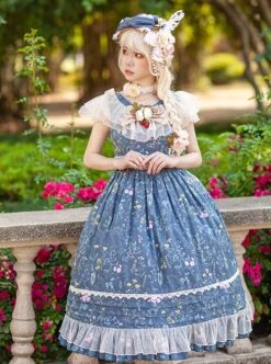 Flower And Grass Collection Series JSK Blue Floral Print Elegant Classic Lolita Sleeveless Dress Suit -NAUS Lolita Shop 2 500x672 503