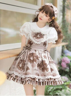 Chocolate Wreath Series Brown Bow Knots Print Pattern Decoration Pleated Lace Doll Neckline Classic Lolita Strap Dress -NAUS Lolita Shop 2 500x672 514