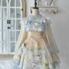 Laurel Prayer Series Chinese Style Cute Rabbit Print Lace Ruffle Skirt Bowknot Decoration Ribbon Sweet Lolita Sleeveless Dress Set