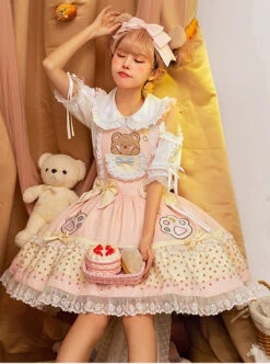 Knitted Cute Plush Bear Embroidery Design Hem Panel Mesh Bow Knots Decoration Classic Lolita Strap Dress -NAUS Lolita Shop 2 500x672 520
