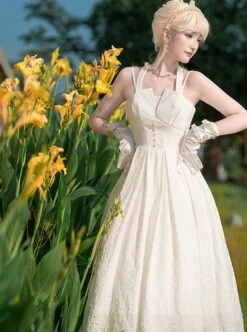 Hepburn Style Elegant White Halterneck Pearl Embellished Simple Jacquard Fabric Classic Lolita Sleeveless Dress -NAUS Lolita Shop 2 500x672 523