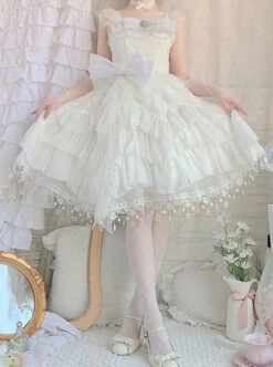 Snow Series JSK Solid Color Layered Pleated Lace Jacquard Star Embroidery Hem Bow Knot Decoration Sequin Pearl Classic Lolita Dress -NAUS Lolita Shop 2 500x672 525