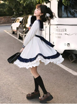 Heart Route Series OP White Sailor Suit V-Neck Design Bow Knots Decoration Long Sleeve Classic Lolita Dress -NAUS Lolita Shop 2 500x672 53