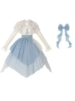 Sea Flowers Series Blue New Chinese Style Wesh Yarn Lace Fake Two Piece Irregular Embroidered Classic Long Sleeves Lolita Dress -NAUS Lolita Shop 2 500x672 531