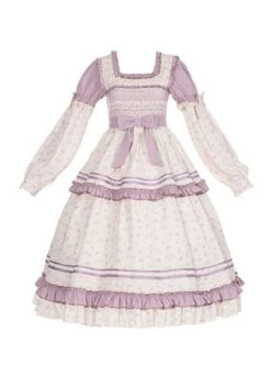 Pastoral Style Square Neck Floral Bow-Knot Decoration Detachable Sleeves Classic Lolita Long Short Sleeve Dress -NAUS Lolita Shop 2 500x672 533