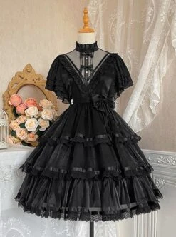 Dawn Banquet Series Elegant Temperament Fairy Three Stages Big Ruffle V Collar Hollow Out Lace Bowknots Classic Lolita Short Sleeves Dress -NAUS Lolita Shop 2 500x672 545