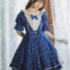 Classic Lolita Retro Solid Color Star Shape Embellishment Design Pleated Neckline Bow Knot Decoration Short Sleeve Dress