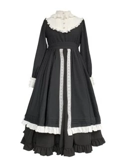 Nun Style Black-White Stand-Up Collar Lace Ruffles Large Skirt Classic Lolita Long-Sleeved Dress -NAUS Lolita Shop 2 500x672 556