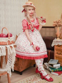 Ice Cherry Series Cherry Floral Print Pleated Mesh Personalized Square Neckline Bow Knots Classic Lolita Dress JSK Shirt Set -NAUS Lolita Shop 2 500x672 573