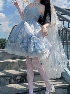 Blue Elegance Open Back Swan Castle Print Bow Lace Bead Chain Necklace Puff Hand Sleeve Classic Lolita Sleeveless Dress -NAUS Lolita Shop 2 500x672 581