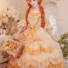 Flower Garden Series OP Apricot Yellow Pastoral Retro Girl Style Delicate Lace Jacquard Trim Classic Lolita Short Sleeve Dress