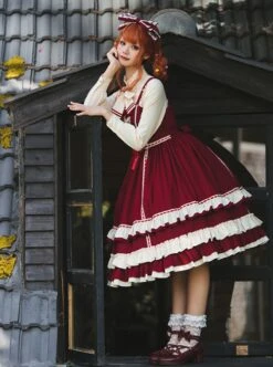 Miss Betty Series Red Vintage Court Bow Lace Ribbon Decorated Ruffle Hem Classic Lolita Sleeveless Dress -NAUS Lolita Shop 2 500x672 610