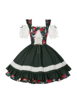 Kirino Forest Series Chinese Style Dark Green Northeast Big Flower Pastoral Style Classic Lolita Puff Sleeves Dress -NAUS Lolita Shop 2 500x672 611