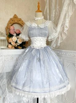 Mermaid Tears Series Summer Fantasy Light Blue Fluffy Tulle White Girdle Bowknot Lace Pearl Chain Classic Lolita Sleeveless Long Dress -NAUS Lolita Shop 2 500x672 615