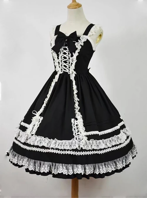 Black And White Sleeveless Lace Bow Classic Lolita Dress 2 Black And White Sleeveless Lace Bow Classic Lolita Dress - Image 2
