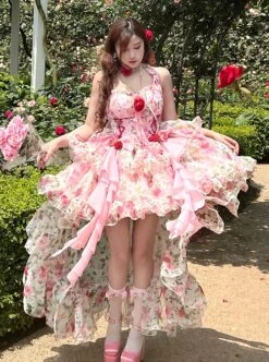 Rose Floral Print Stereoscopic Rose Bowknot Decoration Oversized Bowknot Trailing Design Backless Classic Lolita Sleeveless Dress -NAUS Lolita Shop 2 500x672 628