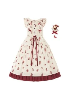 Rose Garden Series Small Flying Sleeves Ruffled Round Neck Red Tea Party Plate Print Berry Sweet Classic Lolita Dress -NAUS Lolita Shop 2 500x672 630